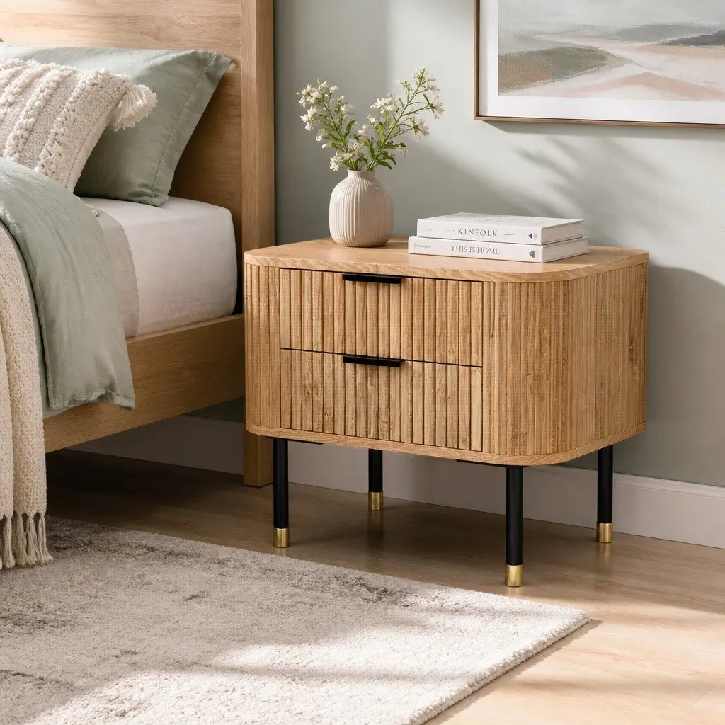 Bedside Table MDF Paulownia Wood 56cm x 42cm x 45.5cm Pine Colour 2 Drawers Metal Legs