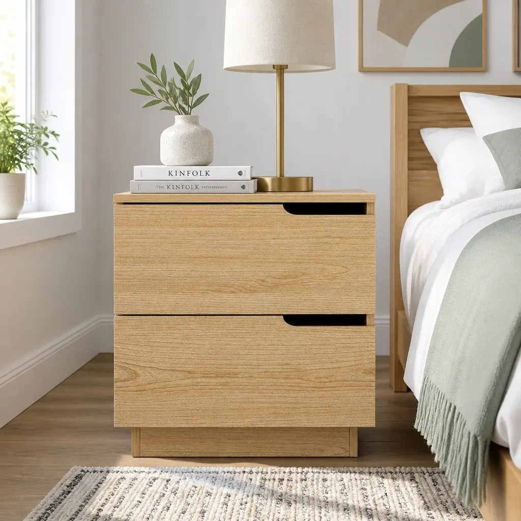 Pine Wood Effect Bedside Table with 2 Drawers