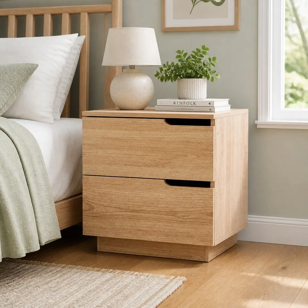 Pine Wood Effect Bedside Table with 2 Drawers