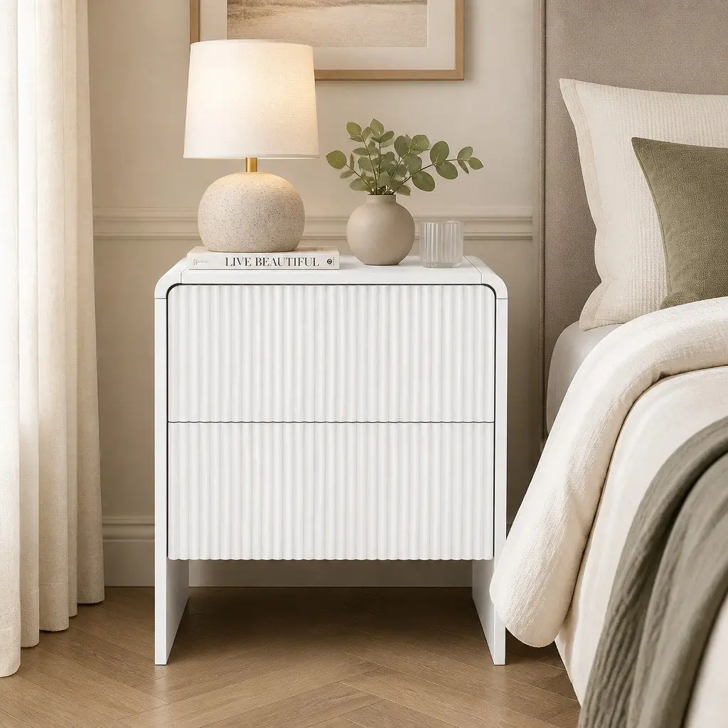 Beige MDF Bedside Table with 2 Push-to-Open Drawers