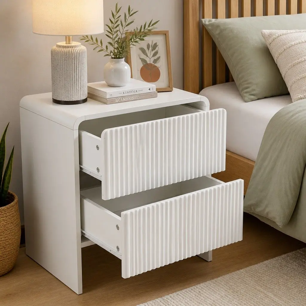 Beige MDF Bedside Table with 2 Push-to-Open Drawers