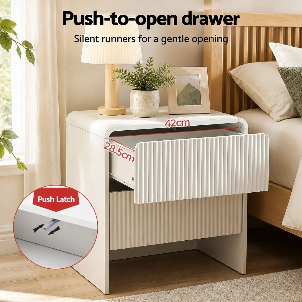 Beige MDF Bedside Table with 2 Push-to-Open Drawers