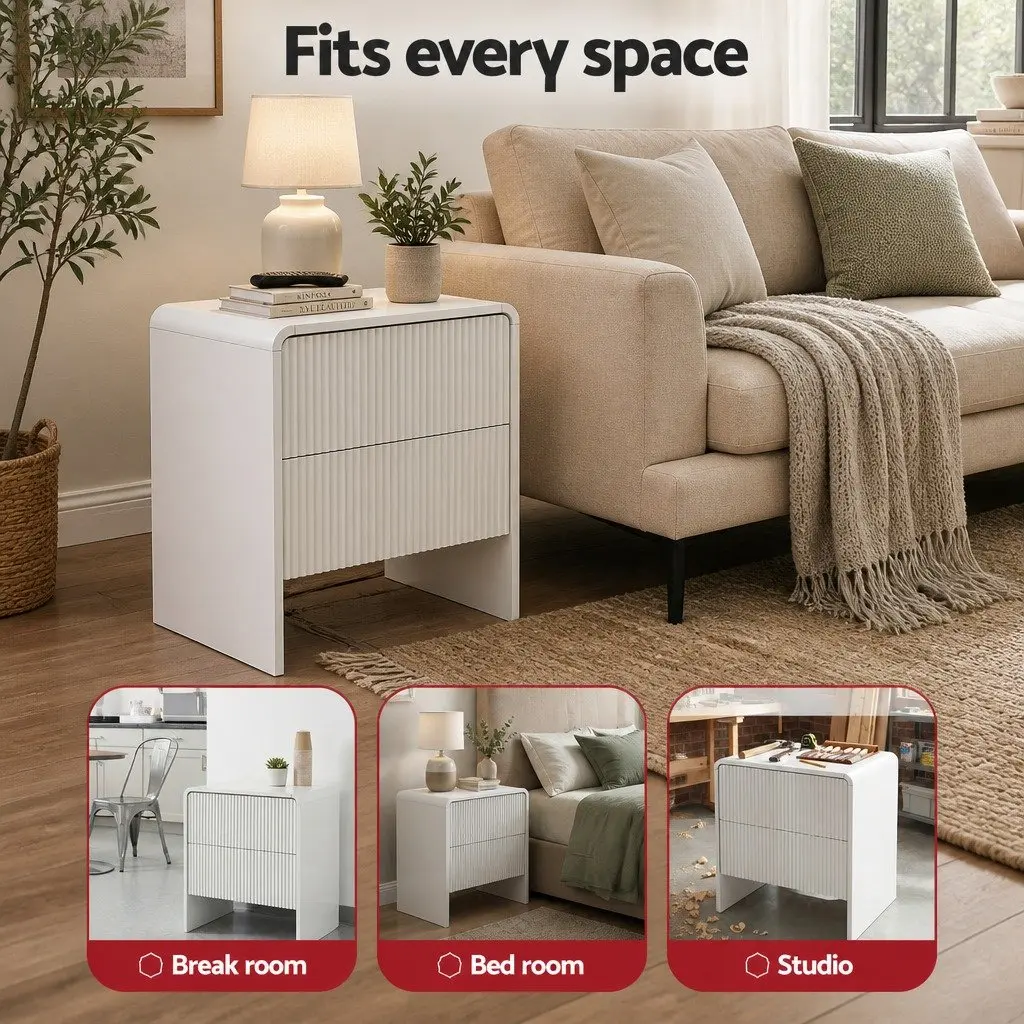Beige MDF Bedside Table with 2 Push-to-Open Drawers