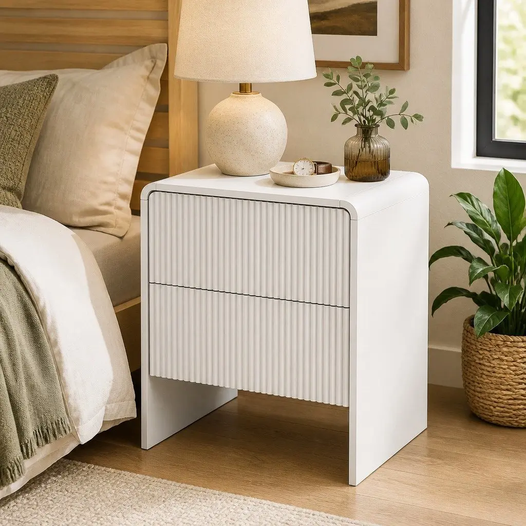 Beige MDF Bedside Table with 2 Push-to-Open Drawers