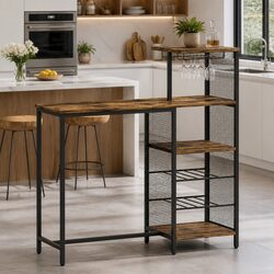 Industrial Bar Table with Wine Rack Cup Holders Multi-Level Storage 122cm Walnut