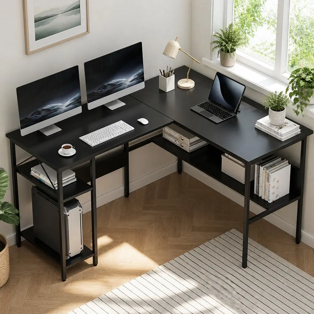 L-Shape Computer Desk MDF 128x108x74cm Black