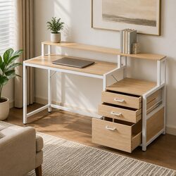 Computer Desk Home Office Study Table with Drawers Open Shelf Oak 160cm
