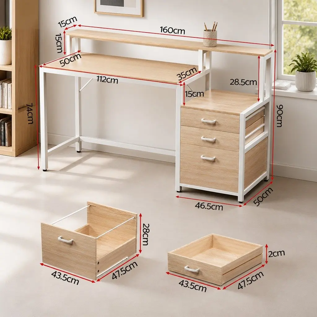 Computer Desk Home Office Study Table with Drawers Open Shelf Oak 160cm