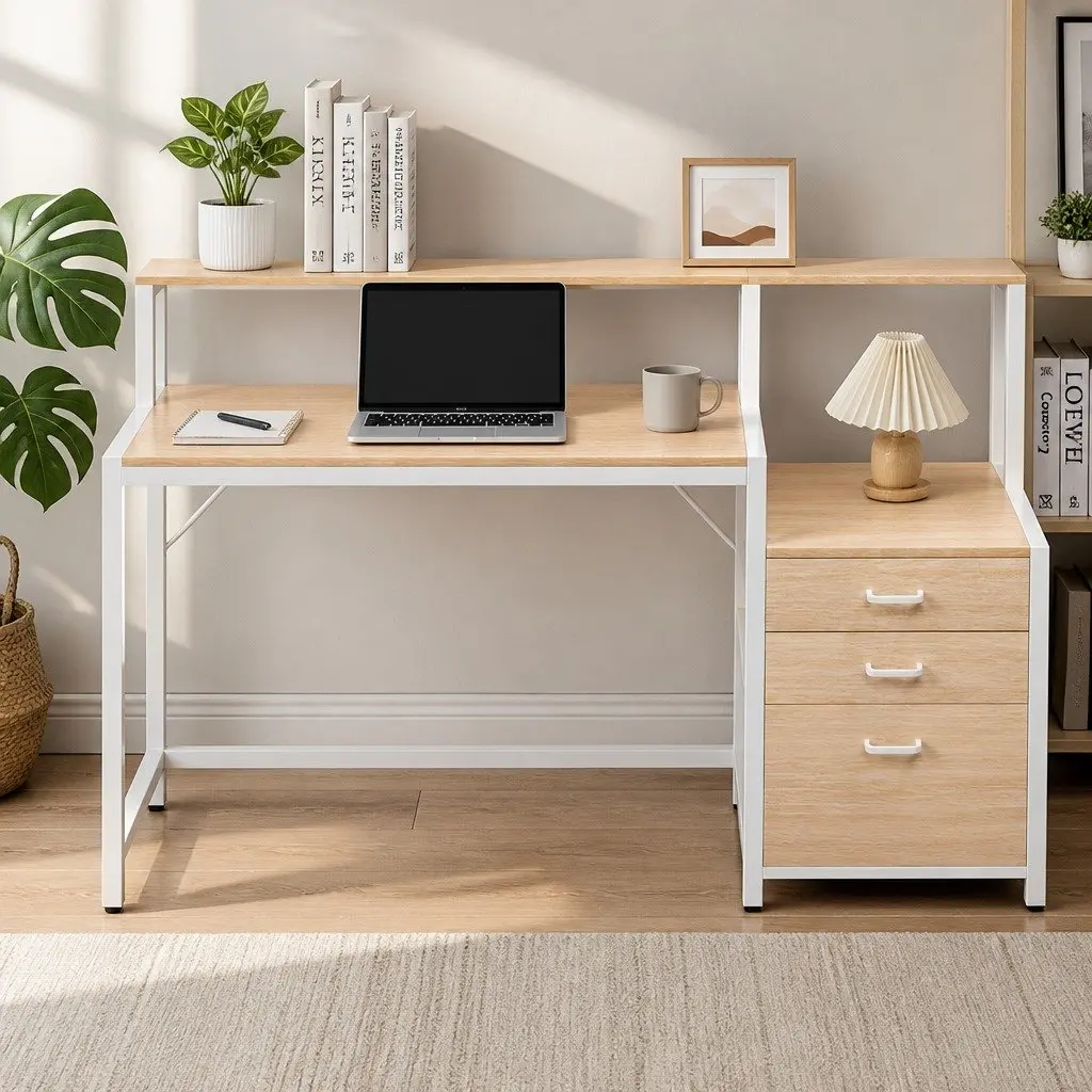 Computer Desk Home Office Study Table with Drawers Open Shelf Oak 160cm