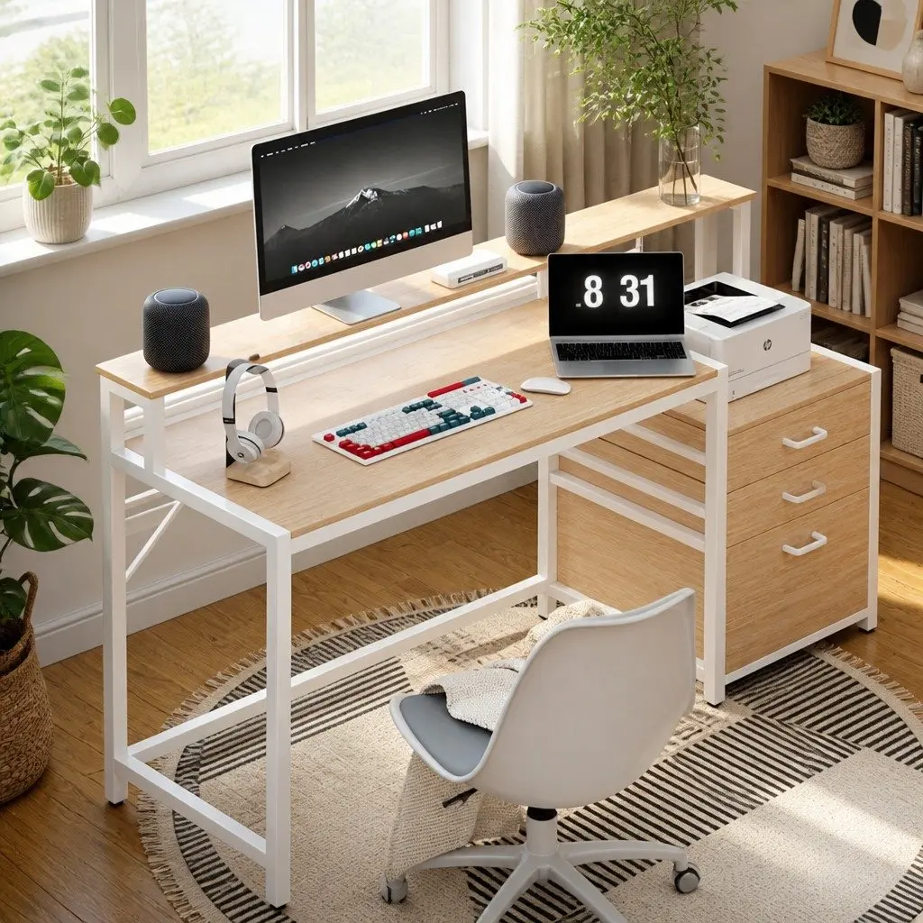 Computer Desk Home Office Study Table with Drawers Open Shelf Oak 160cm