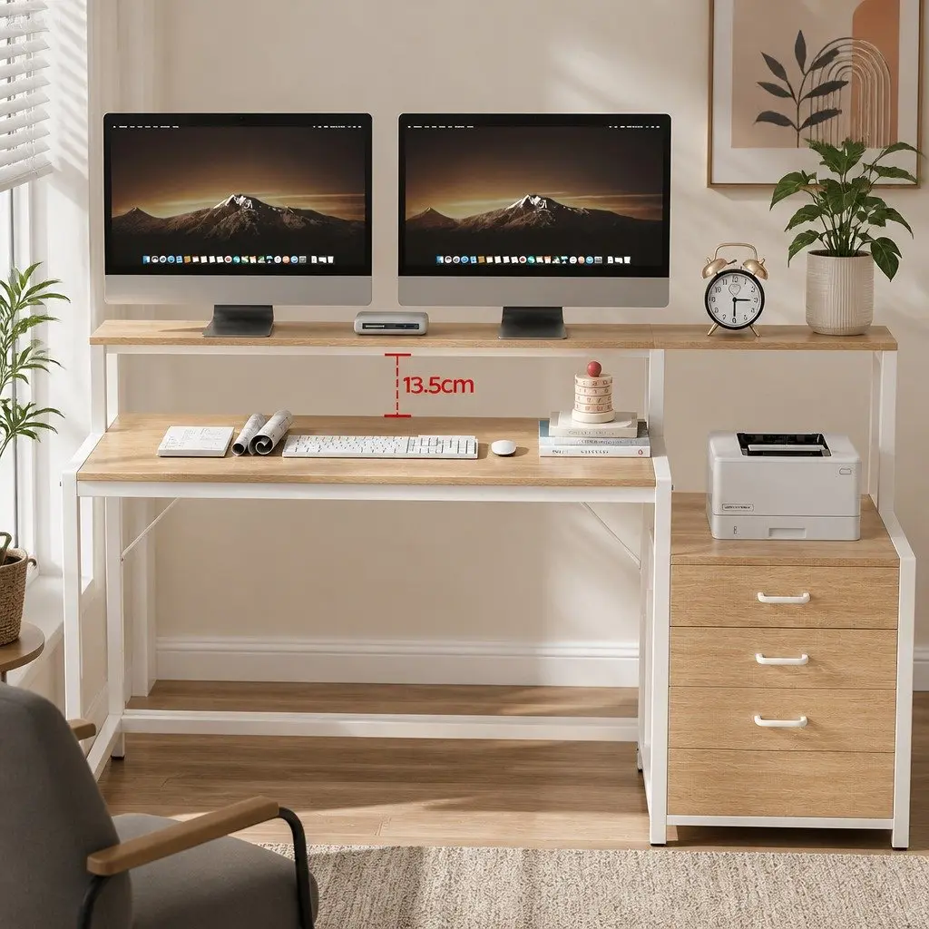 Computer Desk Home Office Study Table with Drawers Open Shelf Oak 160cm