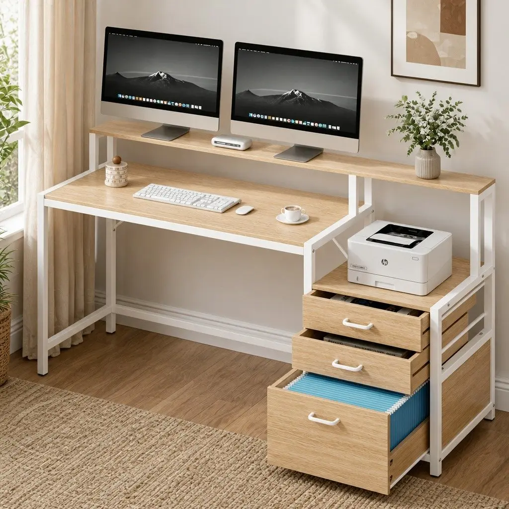 Computer Desk Home Office Study Table with Drawers Open Shelf Oak 160cm