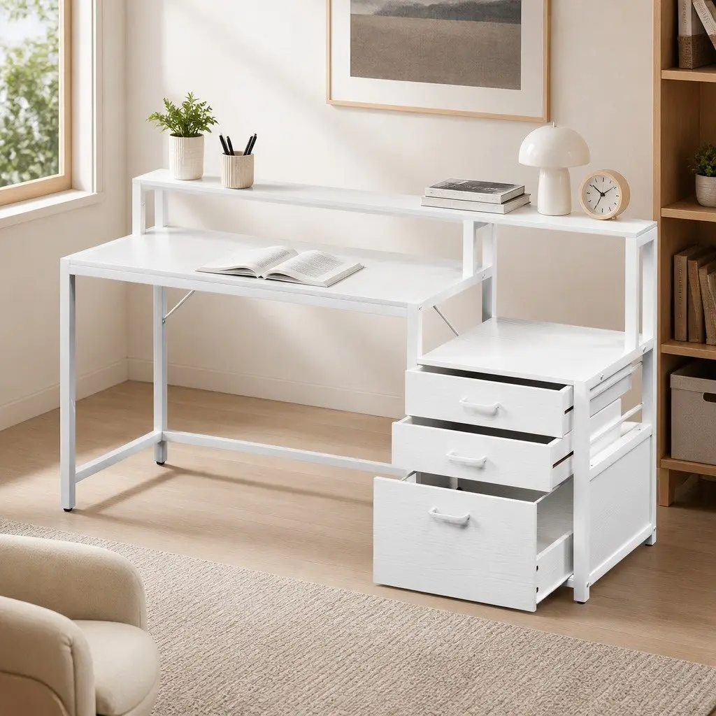 White Computer Desk with Ample Storage and Riser