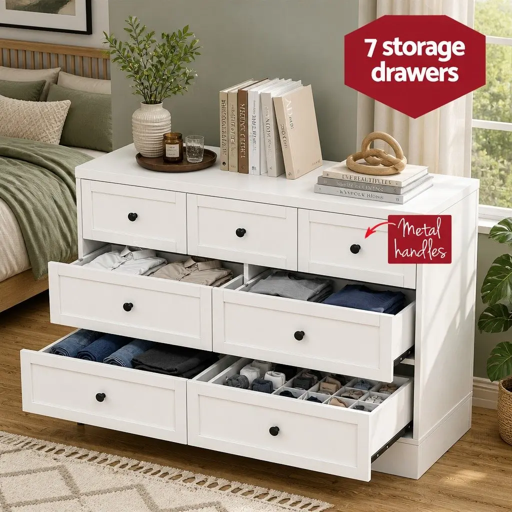 7 Drawer Chest Dresser Particle Board White