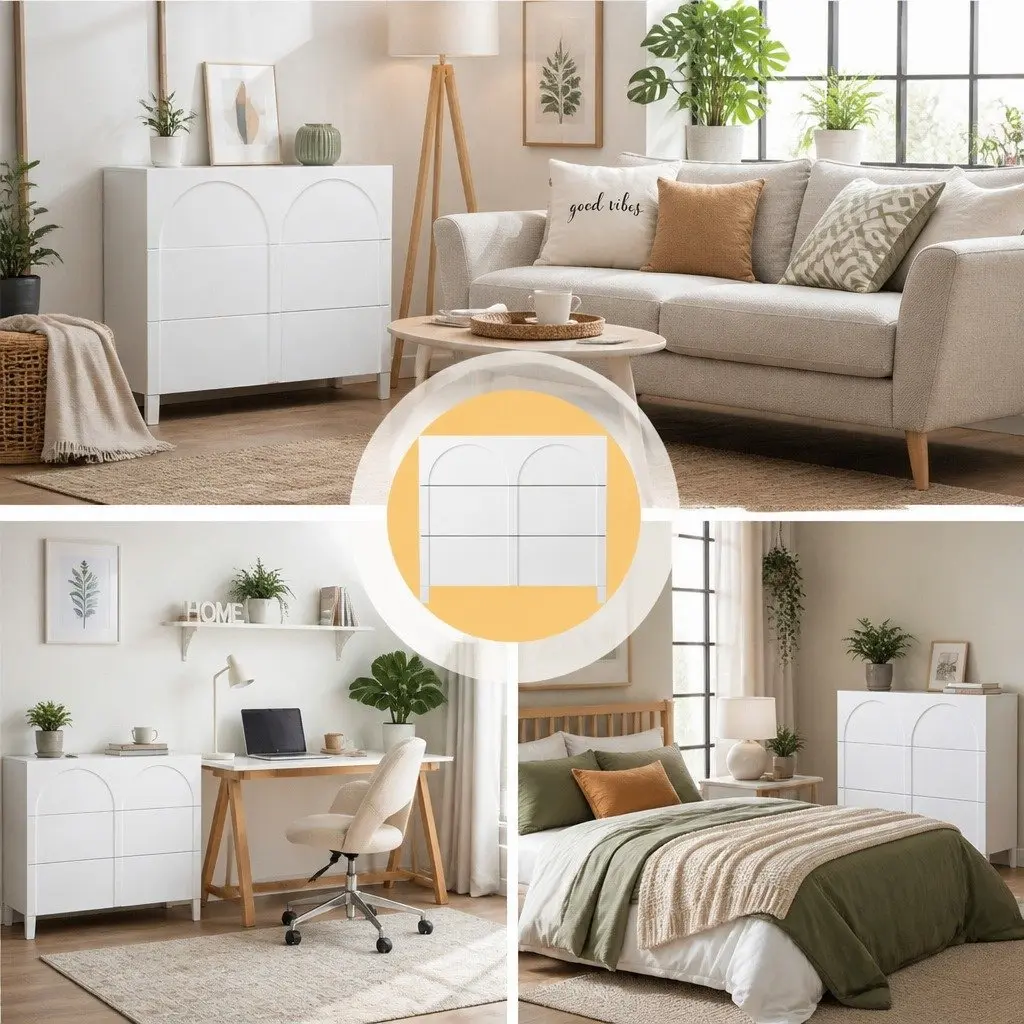 3 Drawer Chest of Drawers MDF White 100cm Lowboy Dresser Cabinet Storage Unit