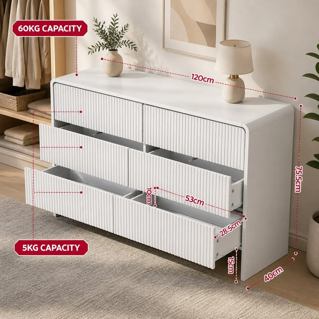 6 Drawer Chest Dresser MDF Beige 120x40x75.5 cm
