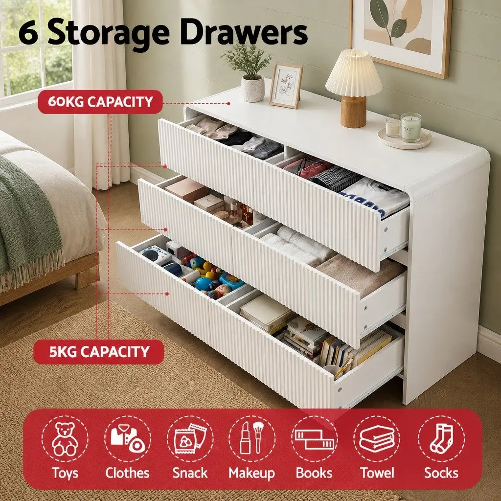 6 Drawer Chest Dresser MDF Beige 120x40x75.5 cm