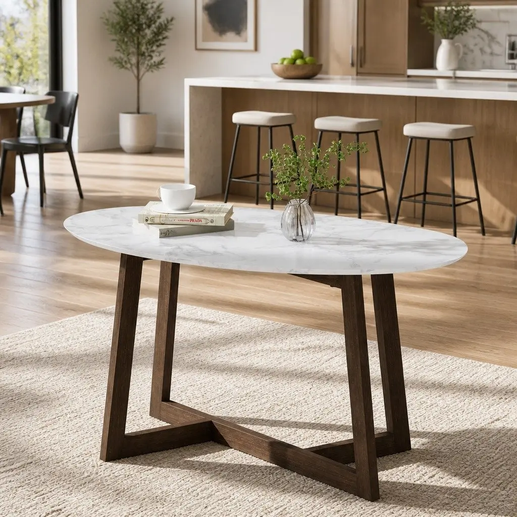 Oval Coffee Table Marble Effect MDF Rubber Wood 80cm x 50cm x 45cm Walnut