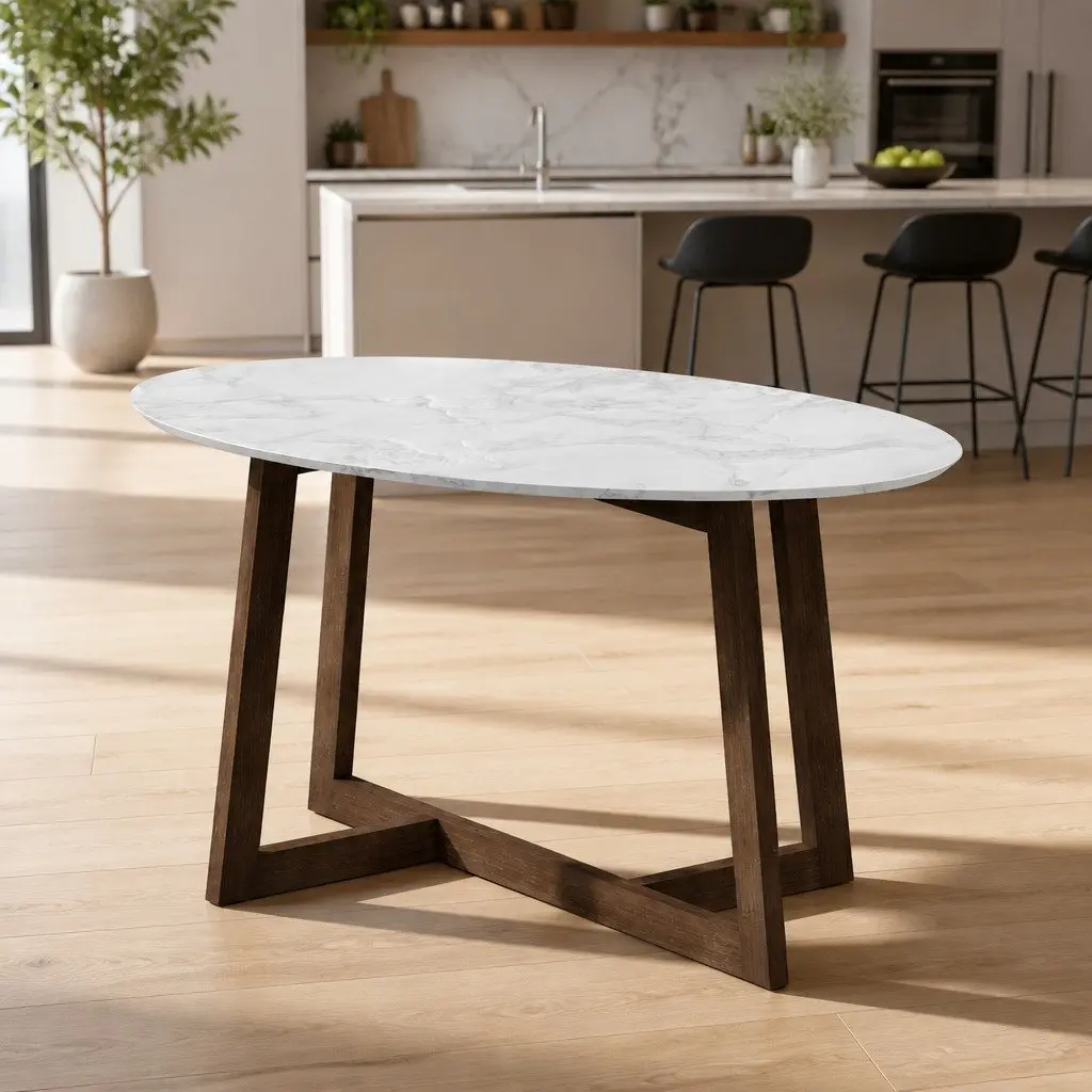 Oval Coffee Table Marble Effect MDF Rubber Wood 80cm x 50cm x 45cm Walnut