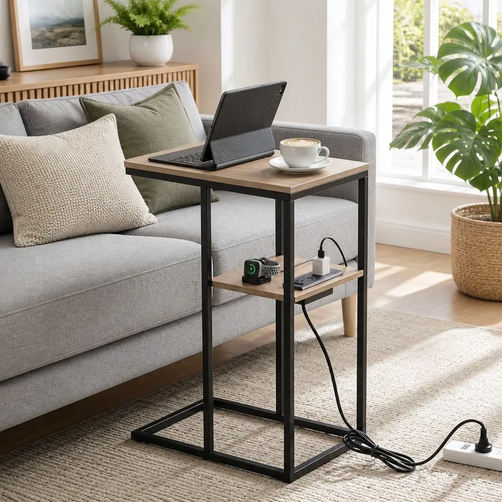 C-Shaped End Table with Charging Hub
