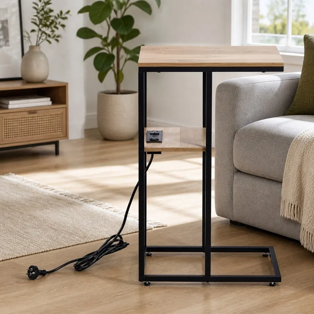 C-Shaped End Table E1 MDF Metal Frame 40cm x 26cm x 65cm Wood and Black