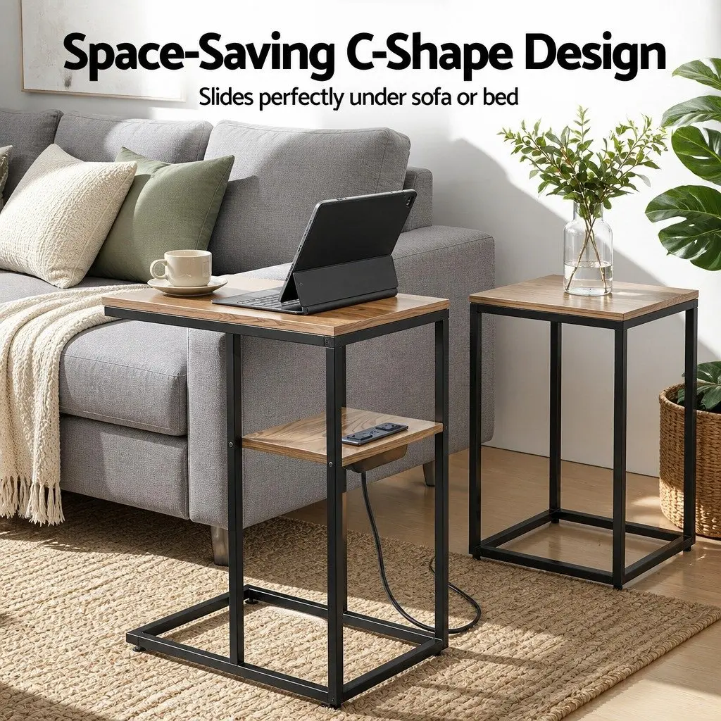 C-Shaped End Table E1 MDF Metal Frame 40cm x 26cm x 65cm Wood and Black