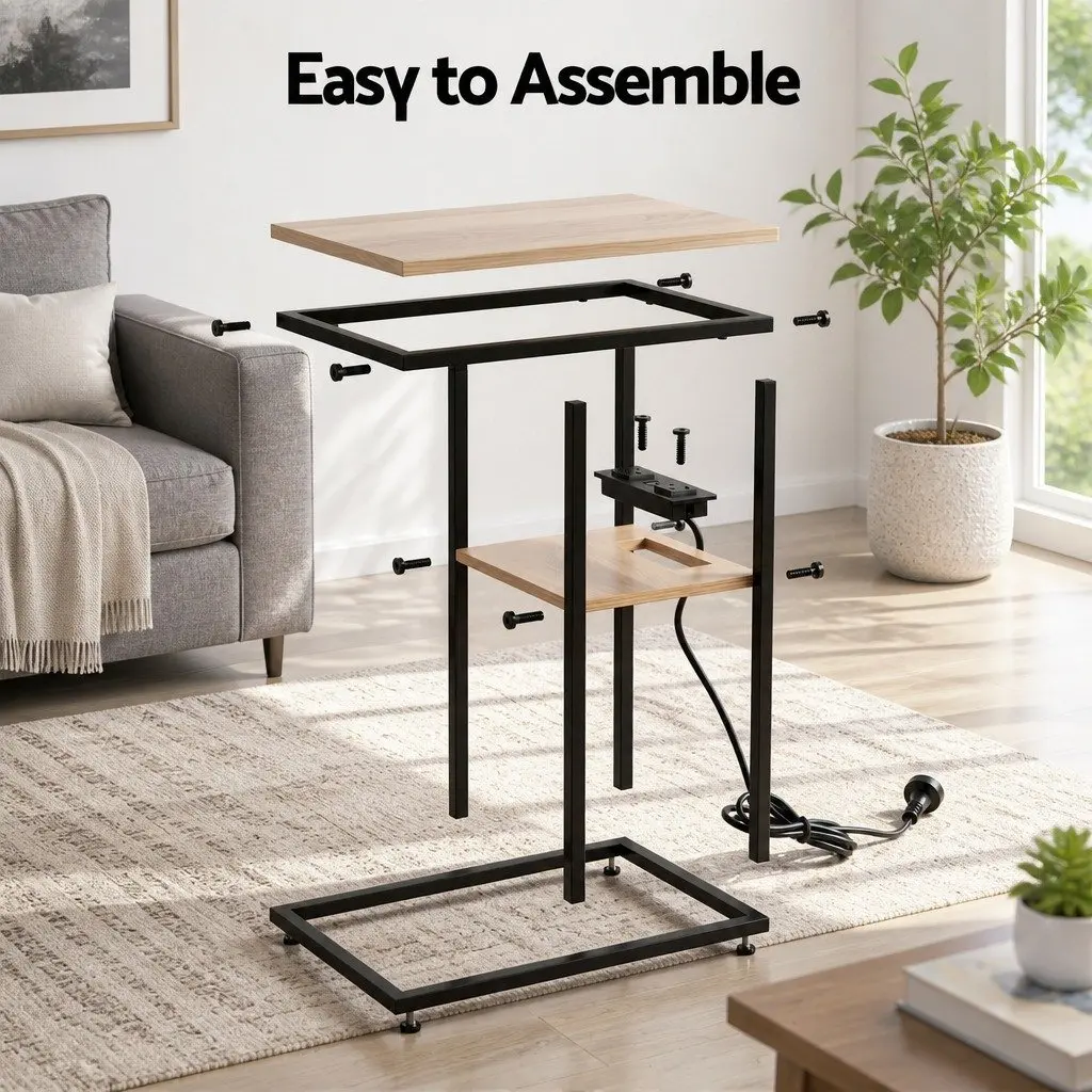 C-Shaped End Table E1 MDF Metal Frame 40cm x 26cm x 65cm Wood and Black