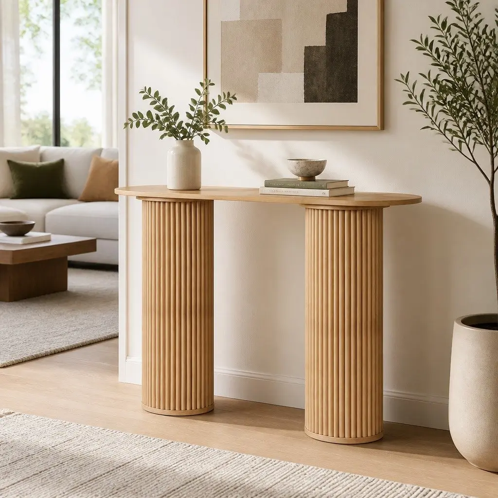 Console Table Oval 115CM Modern Living Room Side Table with Fluted Base