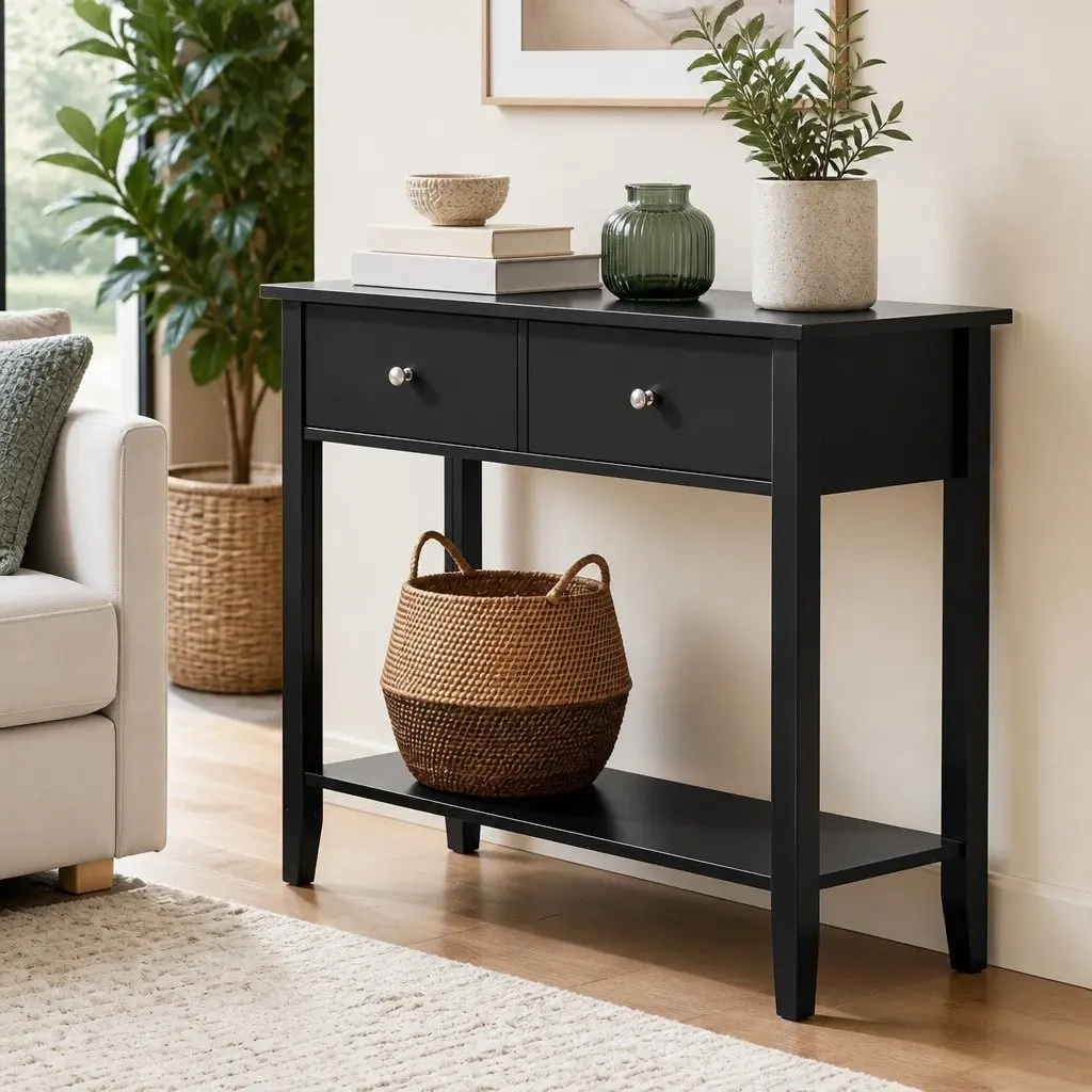 Black Console Table with 2 Drawers and Open Shelf