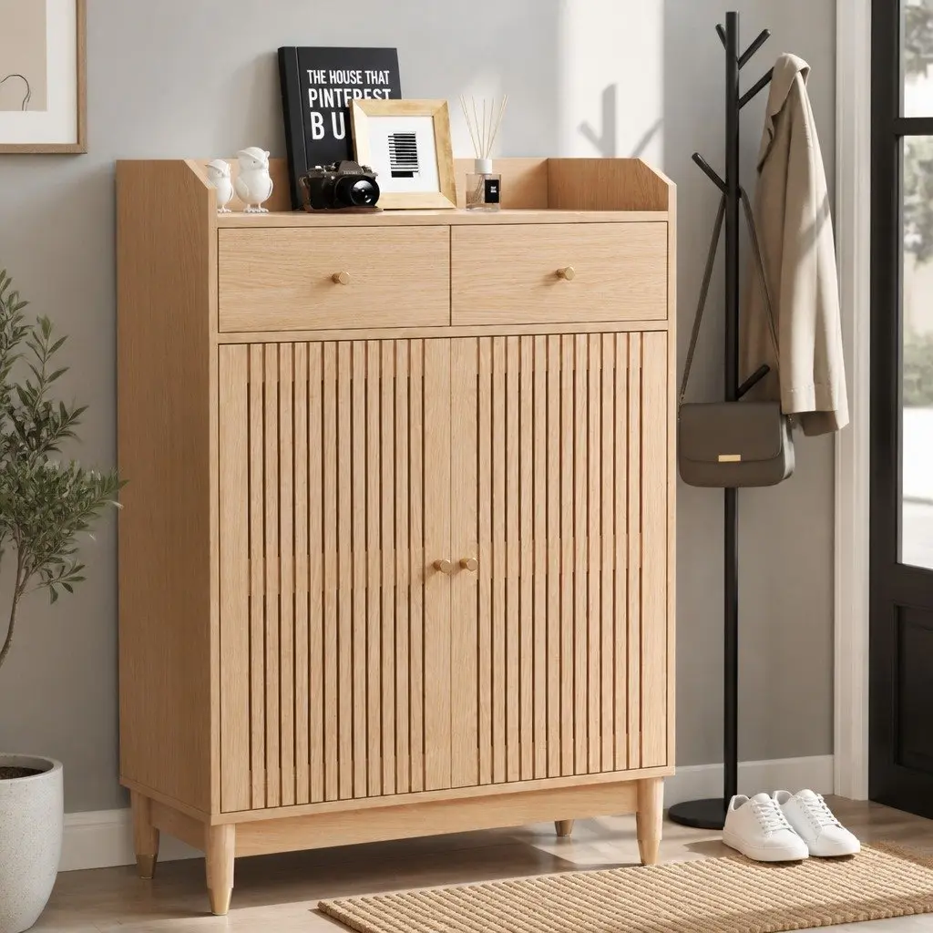 Shoe Rack Cabinet Particle Board Pine Wood 4-Tier Adjustable Shelves Drawers Pine Colour