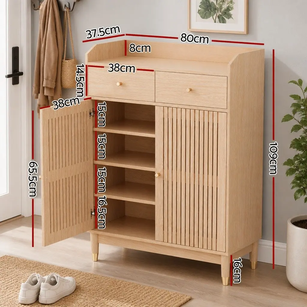 Shoe Rack Cabinet Particle Board Pine Wood 4-Tier Adjustable Shelves Drawers Pine Colour