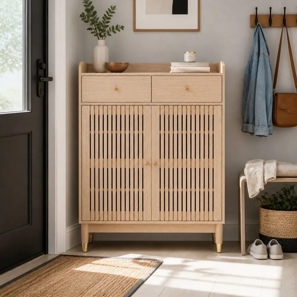 Shoe Rack Cabinet Particle Board Pine Wood 4-Tier Adjustable Shelves Drawers Pine Colour