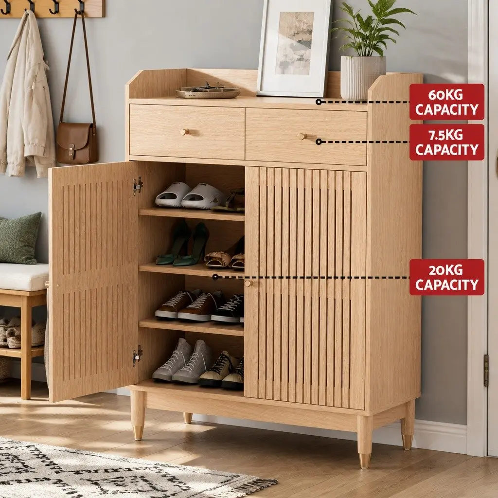 Shoe Rack Cabinet Particle Board Pine Wood 4-Tier Adjustable Shelves Drawers Pine Colour