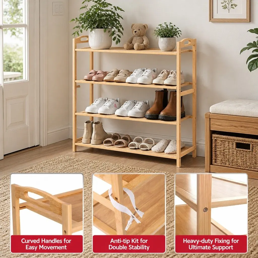 4-Tier Bamboo Shoe Rack for Organised Storage