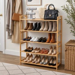 5-Tier Bamboo Shoe Rack with Open Design and Curved Handles