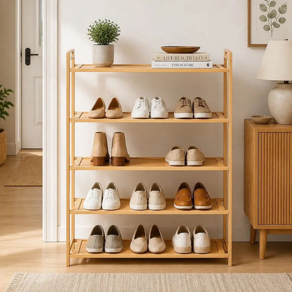 5 Tier Shoe Rack Storage Organiser Bamboo Open Design Hallway Entryway Closet