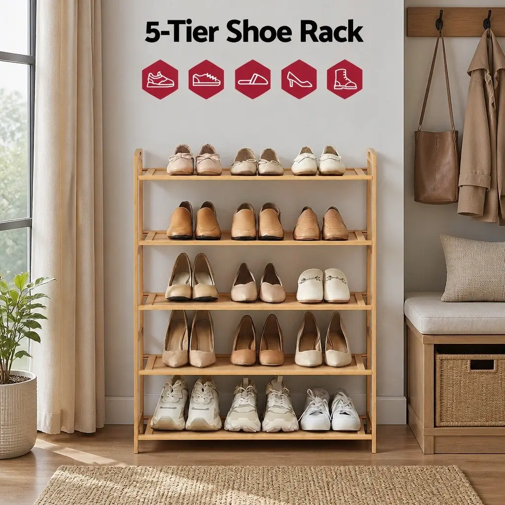 5 Tier Shoe Rack Storage Organiser Bamboo Open Design Hallway Entryway Closet