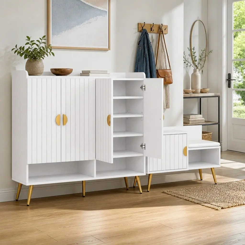 White Shoe Cabinet Bench Set with 10 Adjustable Shelves