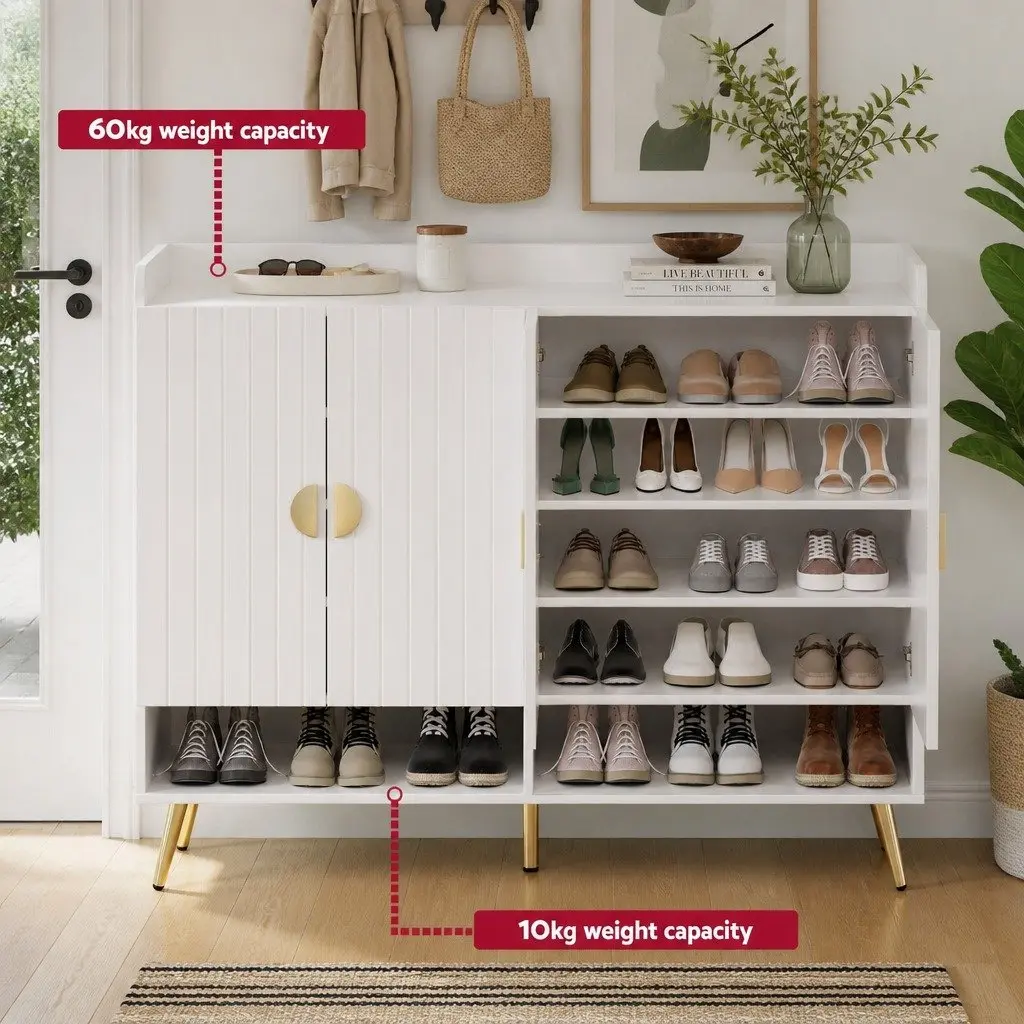 Shoe Cabinet Bench Set Particle Board White 10 Tier Adjustable Shelves