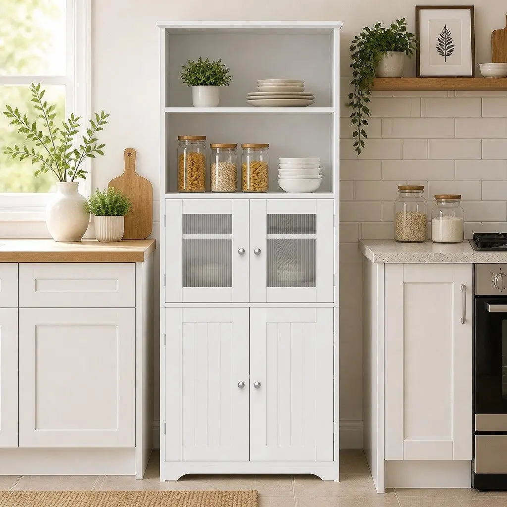 Buffet Sideboard Cabinet Particle Board Frosted Glass White 60cm W x 30cm D x 160cm H Set of 2