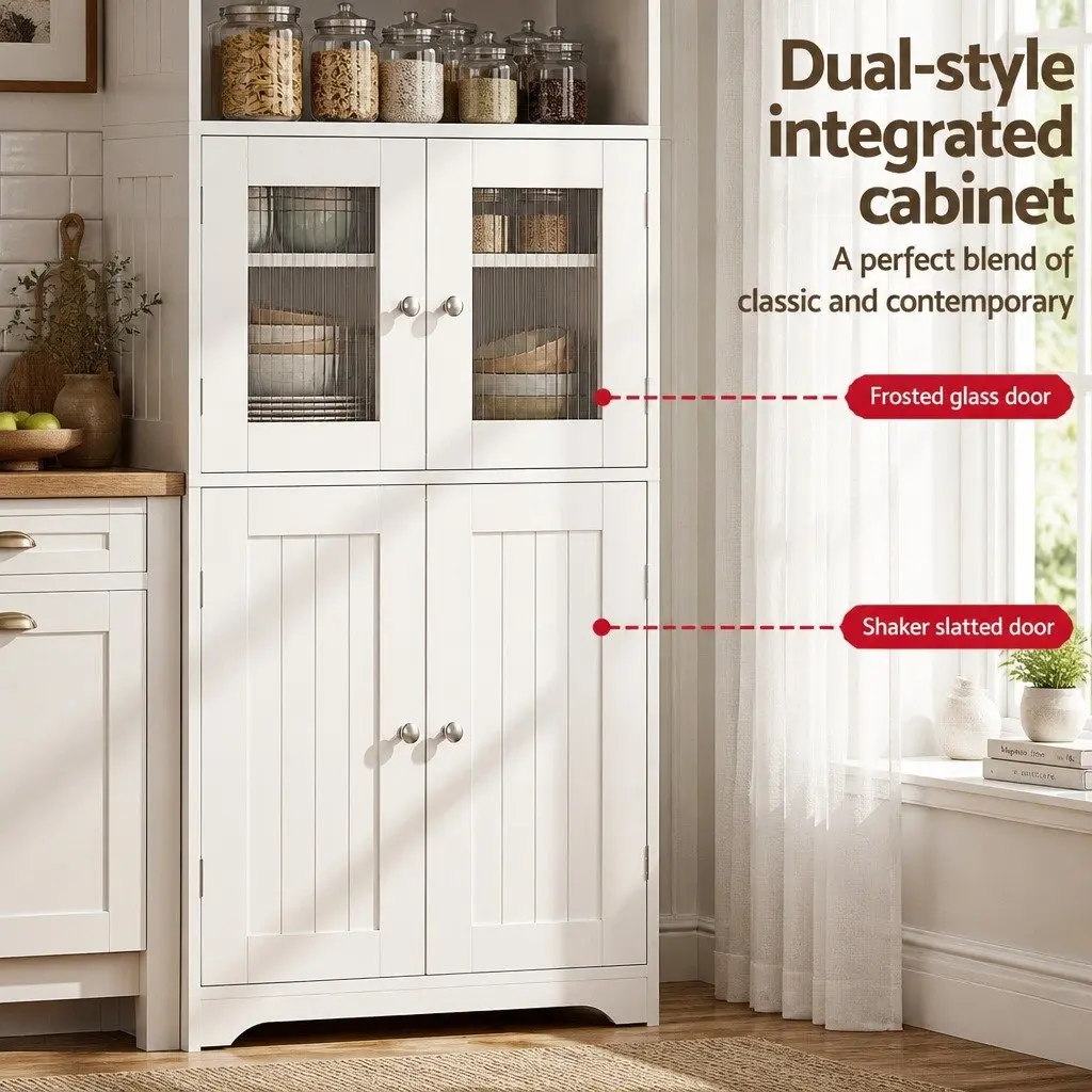Buffet Sideboard Cabinet Particle Board Frosted Glass White 60cm W x 30cm D x 160cm H Set of 2