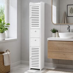 White Slim Corner Bathroom Storage Cabinet with Drawers