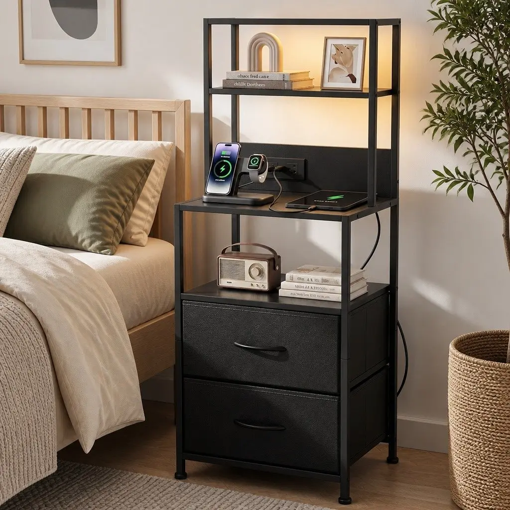 Nightstand with LED Charging Station and Drawers