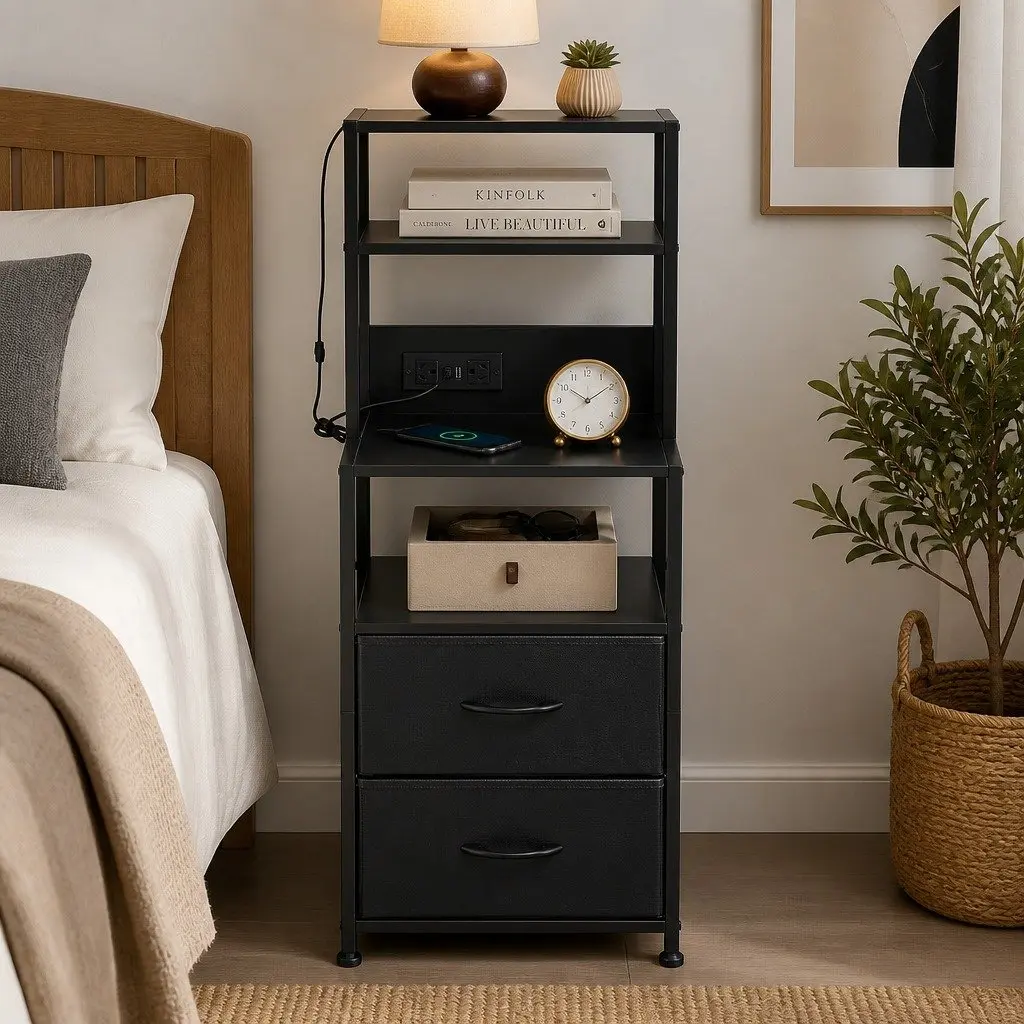 Nightstand with LED Charging Station and Drawers