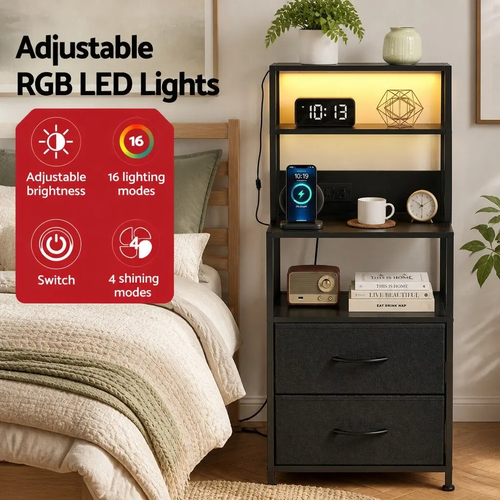Nightstand with LED Charging Station and Drawers