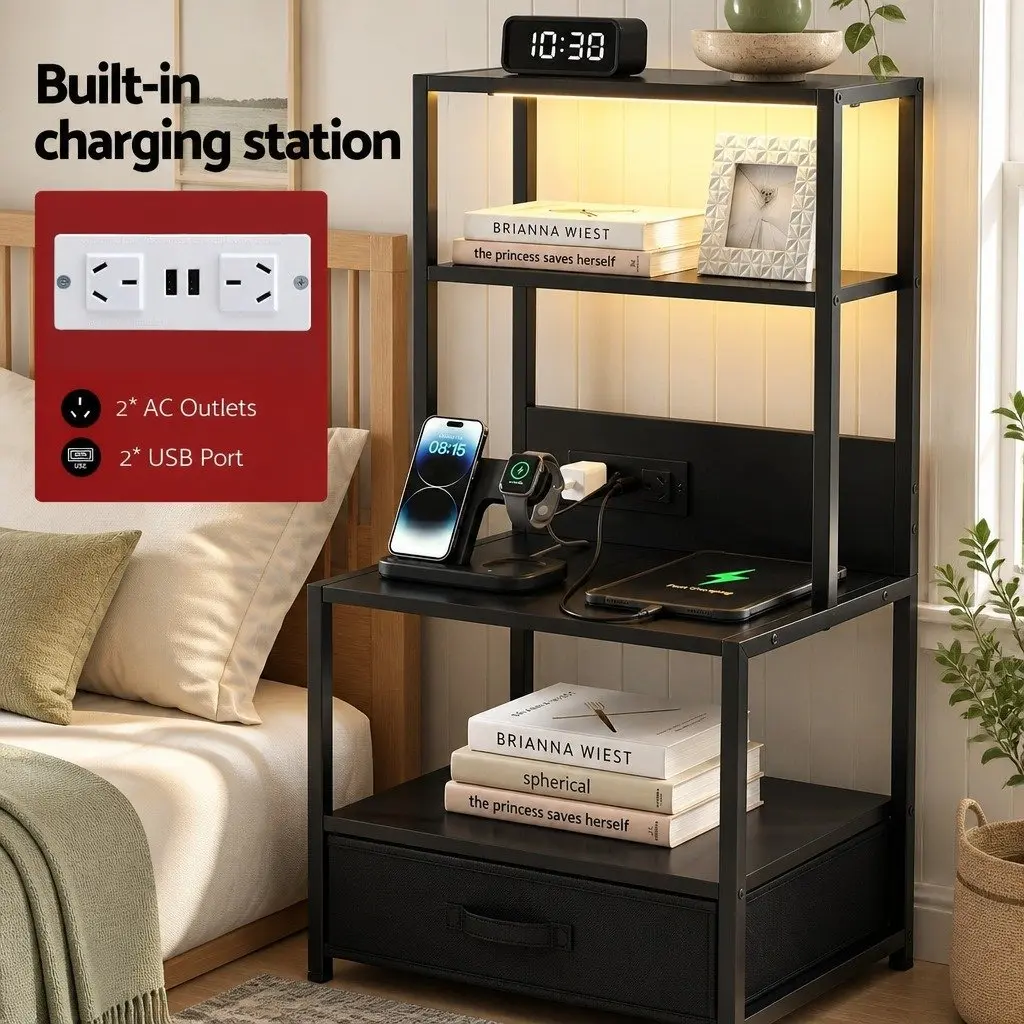 Nightstand with LED Charging Station and Drawers