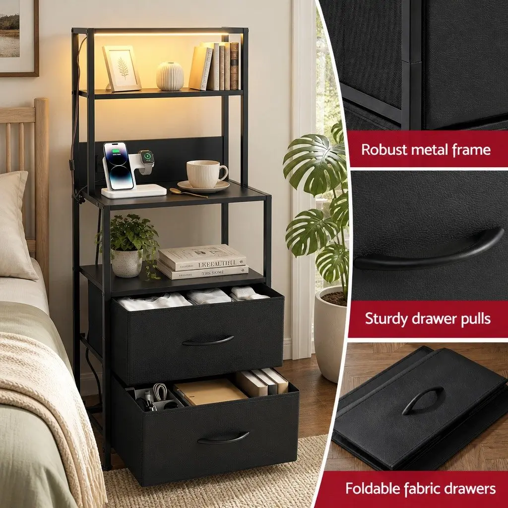 Nightstand with LED Charging Station and Drawers