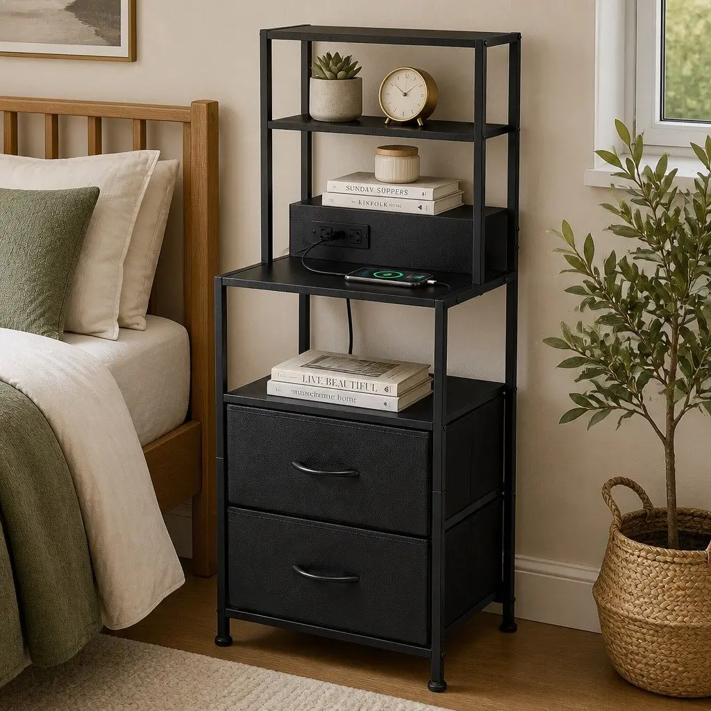 Nightstand with LED Charging Station and Drawers