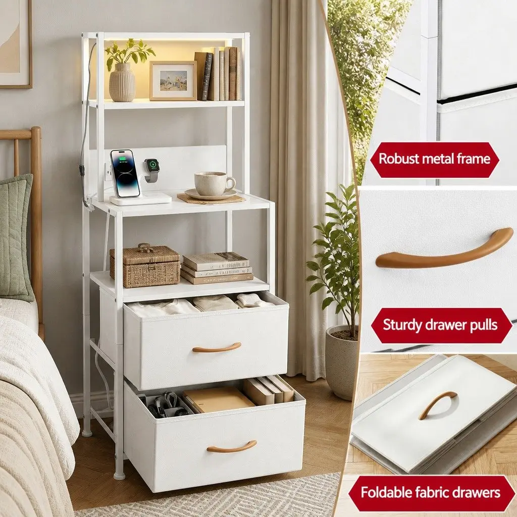 Bedside Table MDF White 2 Drawer with Charging Station LED Lighting