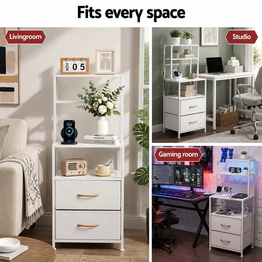Bedside Table MDF White 2 Drawer with Charging Station LED Lighting